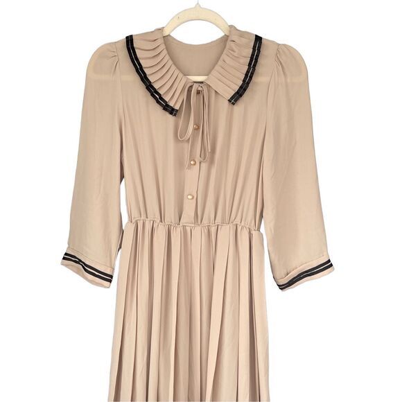 D1 Pleated Midi Dress Peter Pan Collar‎ Tie Neck Button Up - Picture 3 of 9